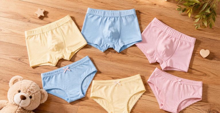 Pastel kids' briefs and boxer shorts in yellow, blue and pink arranged on a wooden floor beside a teddy bear — kids' underwear OEM hero image