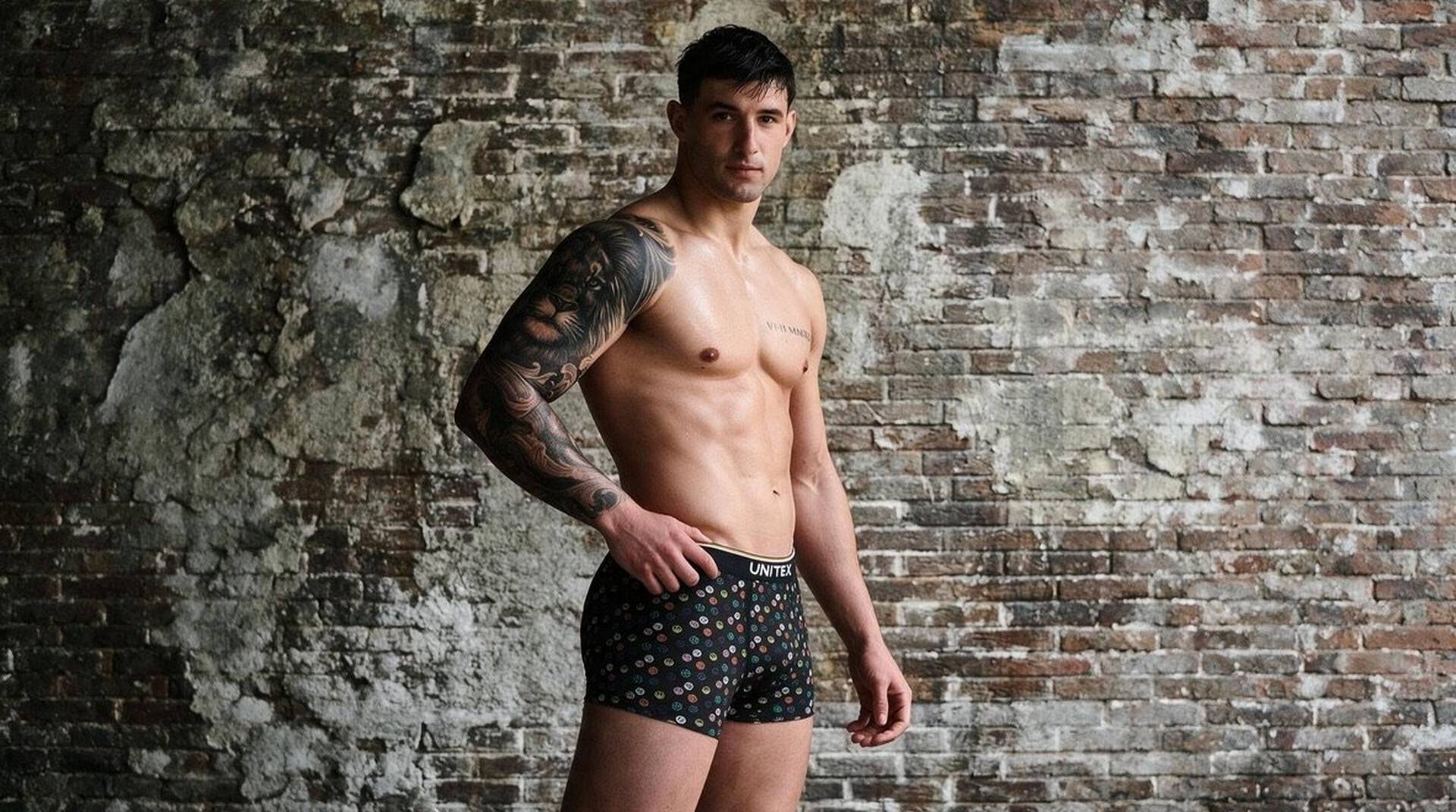 Model standing against a brick wall wearing polka-dot Unitex boxer briefs — hero image