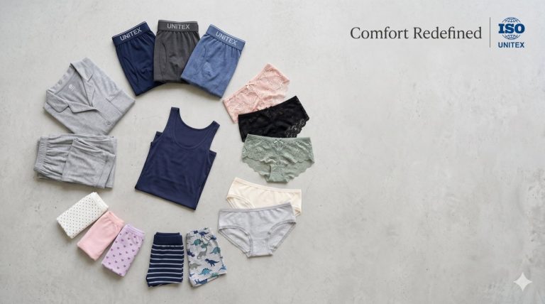 Folded knitted underwear prepared for an export programme
