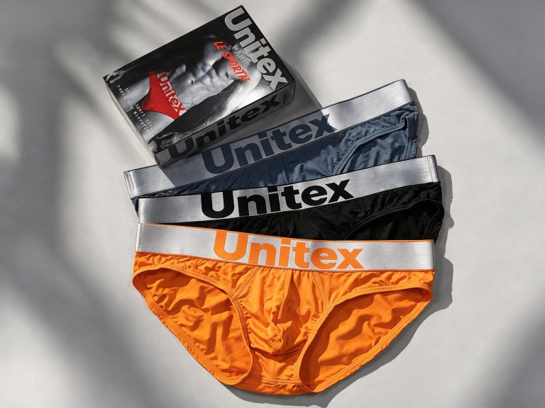 Men's briefs photographed flat for a product specification sheet
