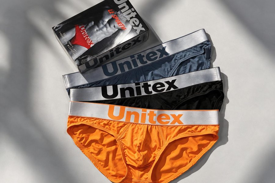 Men's briefs photographed flat for a product specification sheet