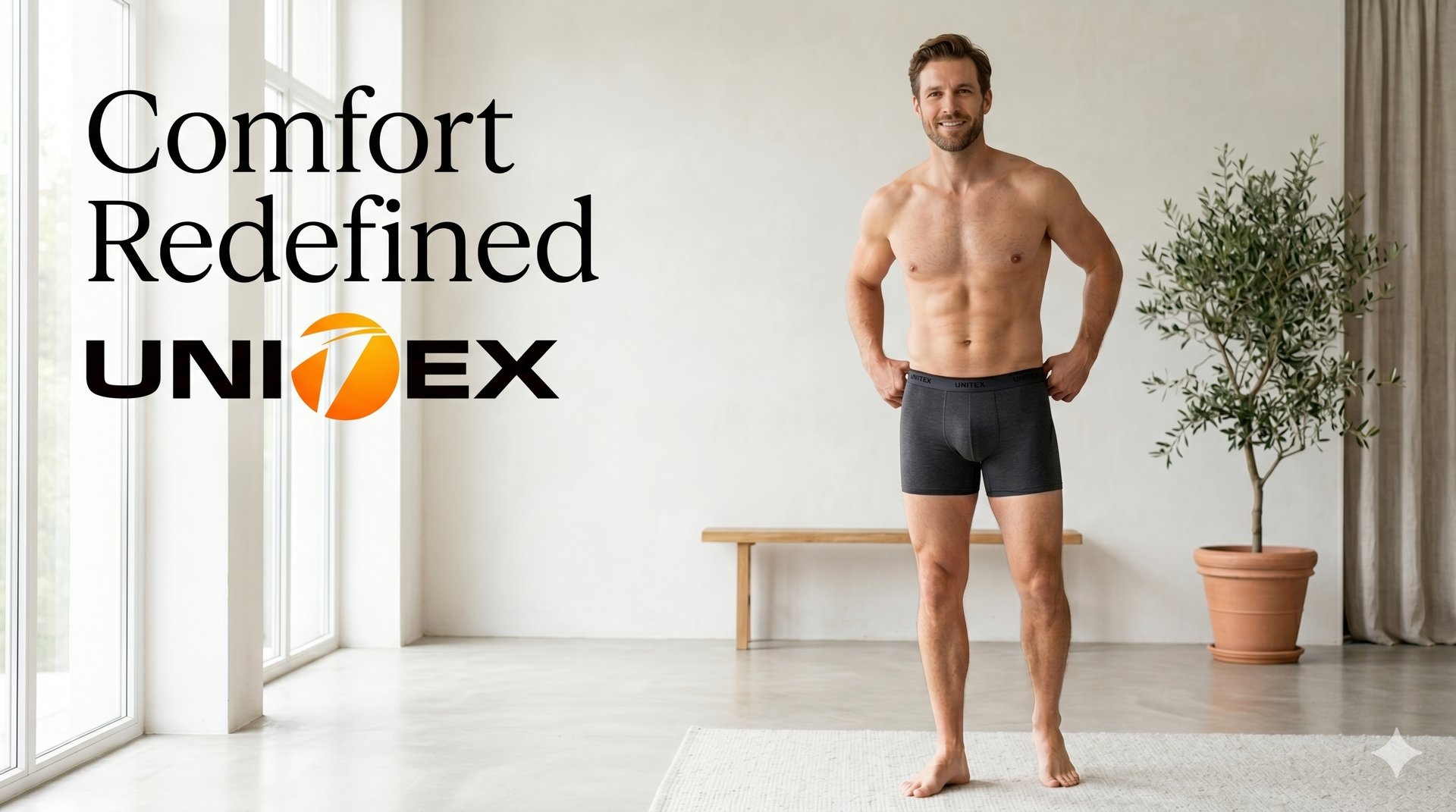 Model wearing Unitex boxer briefs in a bright minimal living room — hero photograph